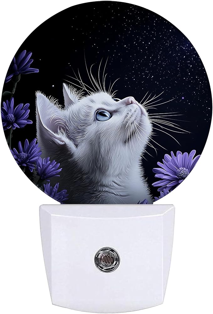 White Cat Night Light,Purple Flowers Plug-in Night Lights with Dusk-to-Dawn Sensor for Bedroom Bathroom and Living Room Sleep Friendly lamp