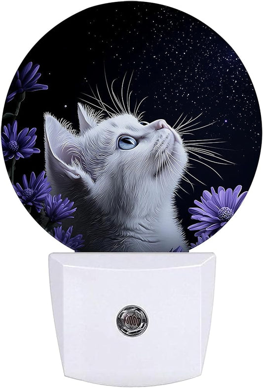 White Cat Night Light,Purple Flowers Plug-in Night Lights with Dusk-to-Dawn Sensor for Bedroom Bathroom and Living Room Sleep Friendly lamp