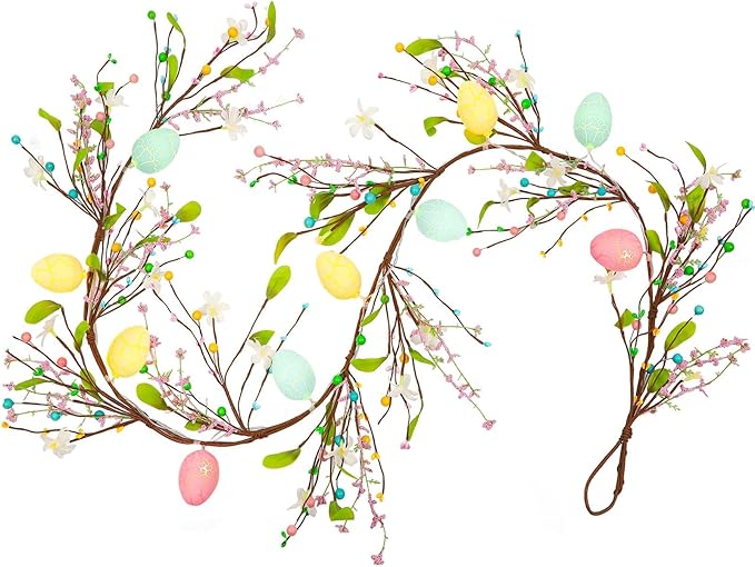 JUNEBRUSHS 6 FT Lighted Easter Egg Garland, Artificial Floral Spring Garlands for Mantle Fireplace Garland for Spring Home Decor Easter Party Indoor Outdoor Decoration