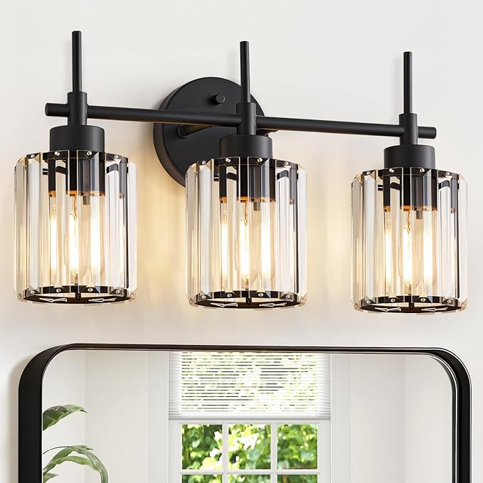3 Light Crystal Vanity Light, Bathroom Lighting Fixtures Over Mirror Black Crystal Wall Light Bath Wall Lighting Modern Bath Wall Sconce Lighting for Bedroom Living Room