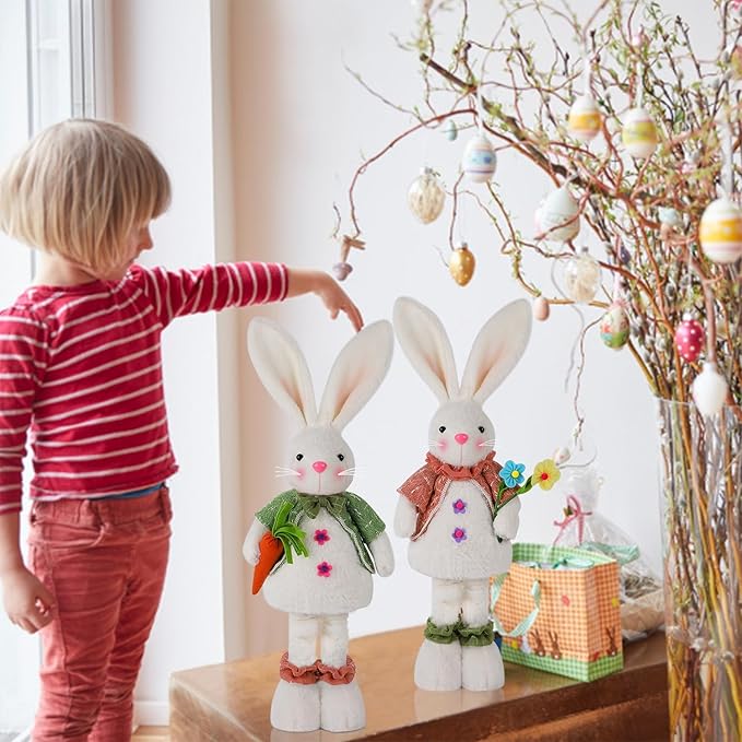 Glintoper 2 Pack Easter Standing Bunny with Stretchable Legs, 18" to 25" Plush Rabbits Couple Figurine, Cute Party Favor Photo Props Gifts for Office Kitchen Farmhouse Front Door Spring Home Decor