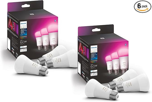 Philips Hue A19 LED Smart Light Bulb - White and Color Ambiance - 60W Indoor Light Bulb - Control with Hue App - Compatible with Alexa, Google Assistant and Apple Homekit - 6 Pack