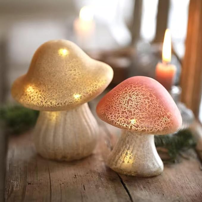 Glass Mushroom Lamp Cute Lamps for Bedrooms Battery Operated Mushroom Night Light Funky Lamp Ideal for Indoor & Outdoor Garden Decor (Yellow, Set 1)