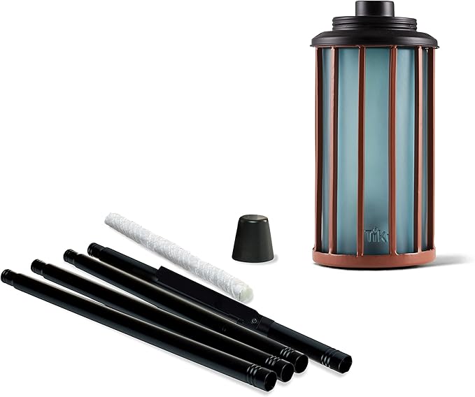 TIKI 2-Pack Retro Stripe Glass Torches, 65-Inch Outdoor Decorative Torches for Patio, Backyard & Garden, Easy Install with Refillable Canister, Long-Lasting Wick & Snuffer, Blue & Copper