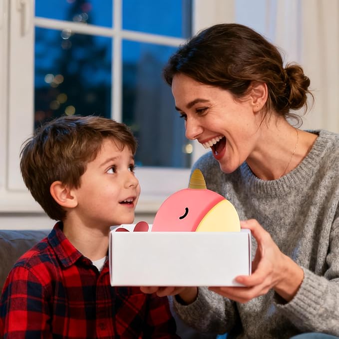 Cute Narwhal Night Light, Tap Control with 3 Warm White Brightness, USB Kids Bed Lamp with 30-Minute Timer, Soft Silicone Glow for Nursery, Birthday Gift (Pink Narwhal)