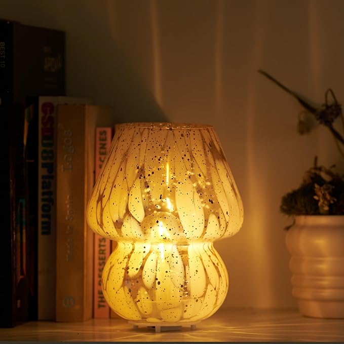 Glass Mushroom Lamp Cordless Table Lamp for Bedroom, Small Desk Bedside Lamps for Living Room, Mushroom Decor Cute Mini Modern Lamps Battery Operated for Night Stands, Aesthetic Home Living Room Decor