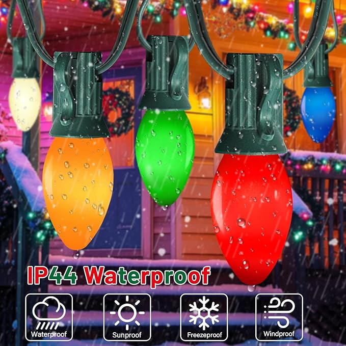 50FT C7 LED Multicolor Christmas Lights, Outdoor String Lights with 55 Multicolor LED Ceramic Bulbs(5 spare), Vintage Christmas Lights for Indoor Outdoor Xmas Tree Home Party Decorations, Green Wire