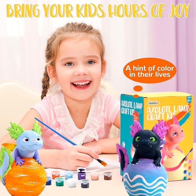 JMMICO Paint Your Own Axolotl Lamp Kit, Axolotl Crafts Night Light, Arts and Crafts for Kids Ages 4-8, Easter Basket Stuffers, Easter Gifts for Girls Boys 6 7 8 9 10 11 12 Years Old 【Upgraded Paints】