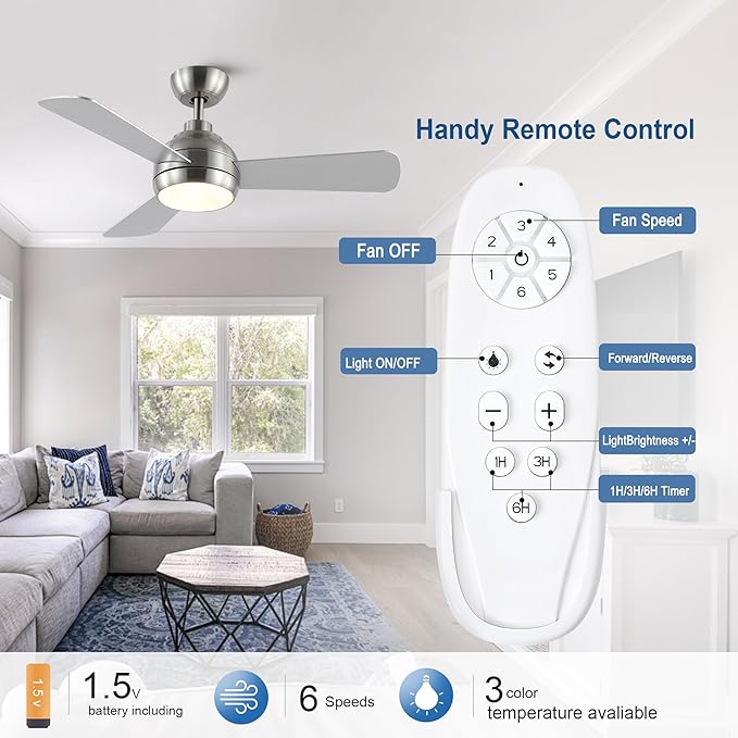 42 Inch Ceiling Fans with Lights and Remote, Modern Brushed Nickel Ceiling Fan with Light, DC Reversible, 6 Speeds, 3CCT, Dimmable, 3 blades, Bedroom, Indoor/Outdoor Patios Use