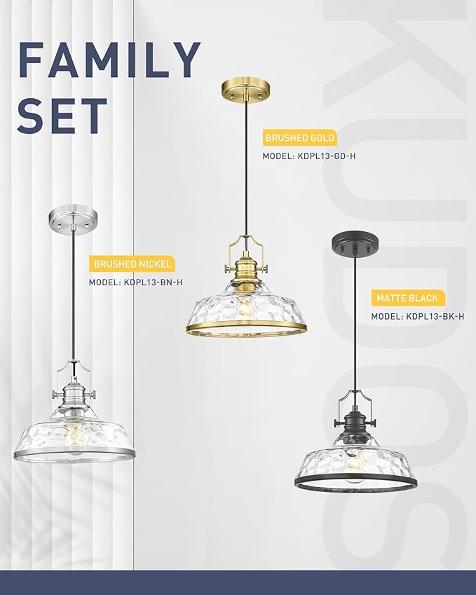 kudos 2 Pack Pendant Lights Kitchen Island, 11" Black Kitchen Island Lighting with Clear Hammered Glass Shade, Farmhouse Large Hanging Light Fixture for Kitchen Sink Dining Room, KDPL13-BK-H-2PK