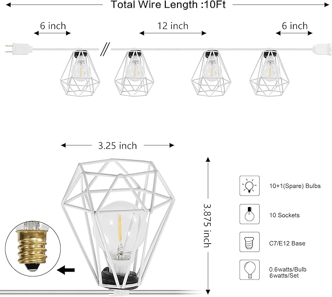 JONATHAN Y JYL8705B 10-Light Indoor/Outdoor 10 ft. Contemporary Transitional LED G40 Diamond Cage String Lights Modern, Patio, Porch, Backyard, White