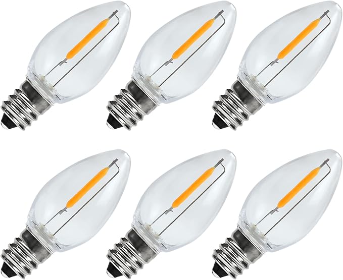 C7 LED Night Light Bulbs, 0.6Watt Equivalent to 7W, E12 Candelabra Small Base, Edison LED Light Bulbs, 2200K Warm White, Clear Plastic, Outdoor String Lights, 6 Pack, Non-Dimmable