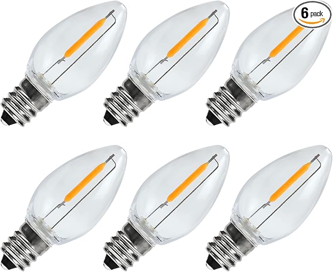 C7 LED Night Light Bulbs, 0.6Watt Equivalent to 7W, E12 Candelabra Small Base, Edison LED Light Bulbs, 2200K Warm White, Clear Plastic, Outdoor String Lights, 6 Pack, Non-Dimmable