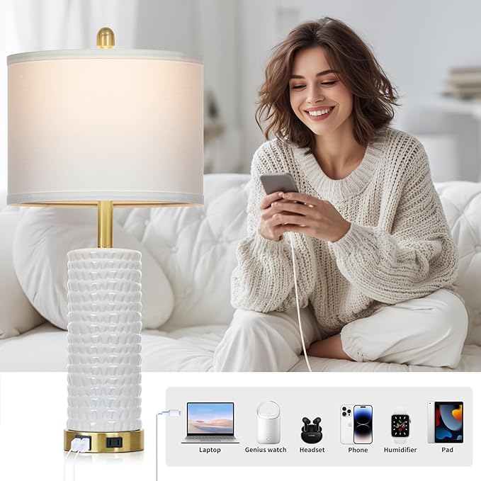26" White Table Lamps for Living Room Set of 2, Ceramic Bedroom Lamps for Nightstands, Modern Bedside Lamps for Bedroom Living Room, Nightstand Lamps for End Table, Hallway, Gold and White