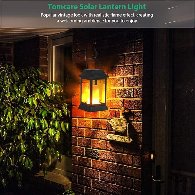 TomCare Solar Lights Metal Flickering Flame Solar Lantern Outdoor Hanging Lanterns Decorative Lighting Heavy Duty Solar Powered Waterproof Umbrella Lighting for Garden Yard Patio Deck, 4 Pack（Black）