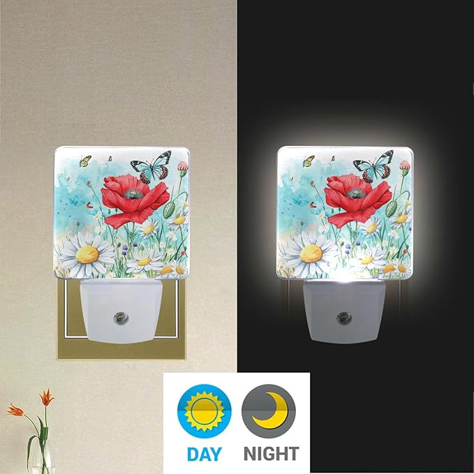 Vdsrup Spring Butterfly Bee Night Light Set of 2 Summer Poppy Flowers Nightlights Daisy Dragonfly Plug-in LED Nightlight Auto Dusk-to-Dawn Sensor Lamp for Bedroom Bathroom Kitchen Hallway Stairs
