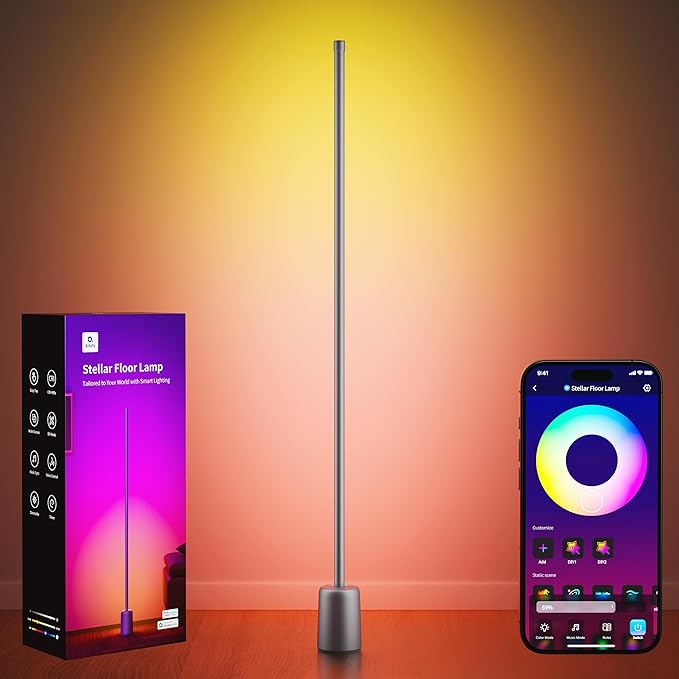 Ailofy Corner Floor Lamp, 1500lm RGBW LED Lamp, Alexa & Google Assistant Compatible, 16 Million DIY Colors, Music Sync, App Control, Modern Smart Floor Lamp for Living Room, Bedroom, Silver Grey