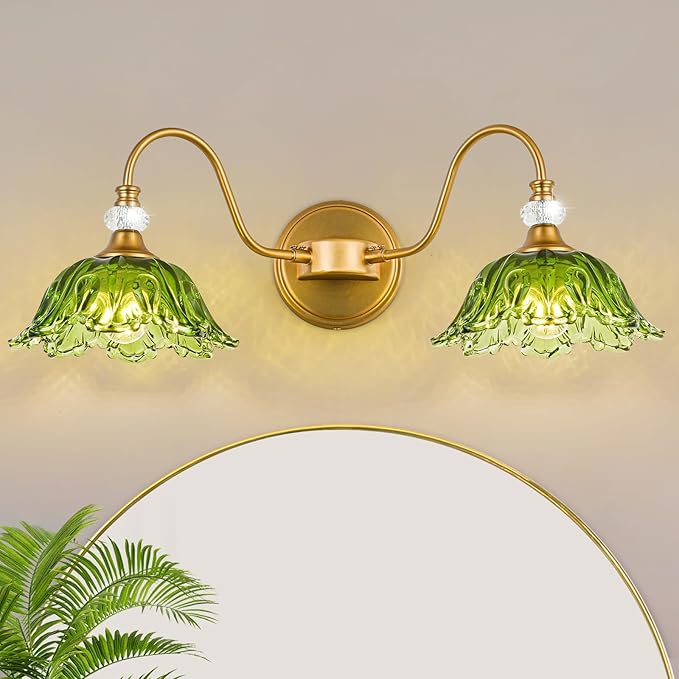 Vintage Bathroom Vanity Light, 2-Light Matte Brass Finish Vanity Light with Floral Green Glass Shades, Retro Wall Sconce for Bathroom, Dressing Table