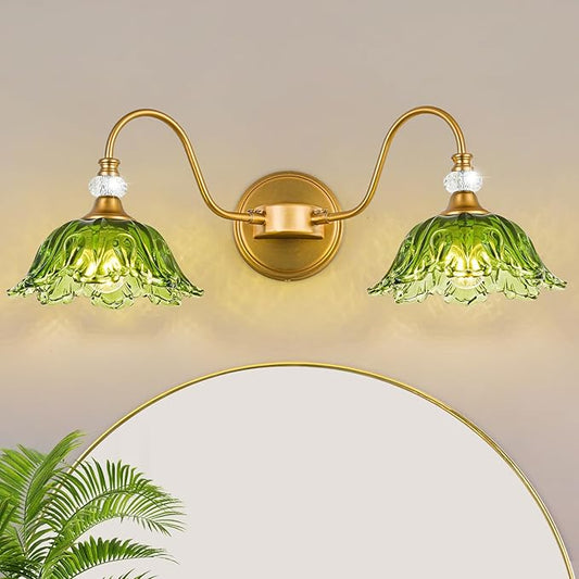 Vintage Bathroom Vanity Light, 2-Light Matte Brass Finish Vanity Light with Floral Green Glass Shades, Retro Wall Sconce for Bathroom, Dressing Table