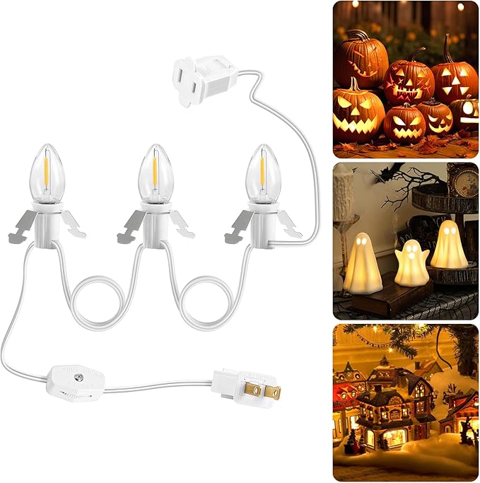 Christmas Village Lights, Decoration String Lights 9Ft with 3 C7 LED Bulbs, Warm White, with Male and Female Plugs, for Christmas Snow House,Pumpkin Crafts,Holiday W05VL05 Village Lights