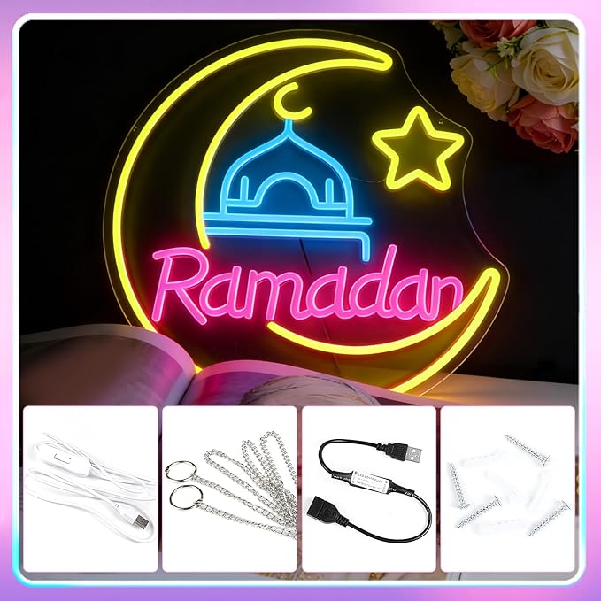 Ramadan Kareem Neon Sign 15 in Eid Mubarak Neon Lights for Wall Decor Muslim Islamic Led Light Sign for Ramadan Mubarak Ramadan Kareem Sign Islamic Muslim Home Bedroom Party Decor Gift