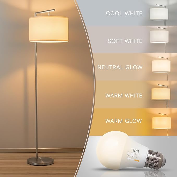 Brightech Montage Modern Floor Lamp - LED Standing Lamp with White Shade and Adjustable Color for Living Rooms & Offices - Tall Corner Bedroom Reading Light for Contemporary Home Decor - Satin Nickel