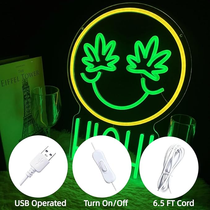 Green High Face Neon Sign for Wall Decor Green Leaf High Face Neon Light Dimmable Light Sign Wall Decor for Man Cave Bar Bedroom Shop Hotel Garage Decor Gifts for Men