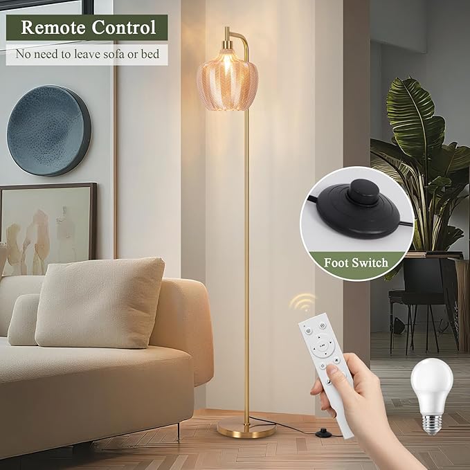 Gold Floor Lamp for Living Room, Modern Stained Glass Standing Lamp with Remote, Dimmable Amber Lampshade Tall Floor Lamps, Mid Century Vintage Floor Light for Bedroom Study Room Office (Amber)