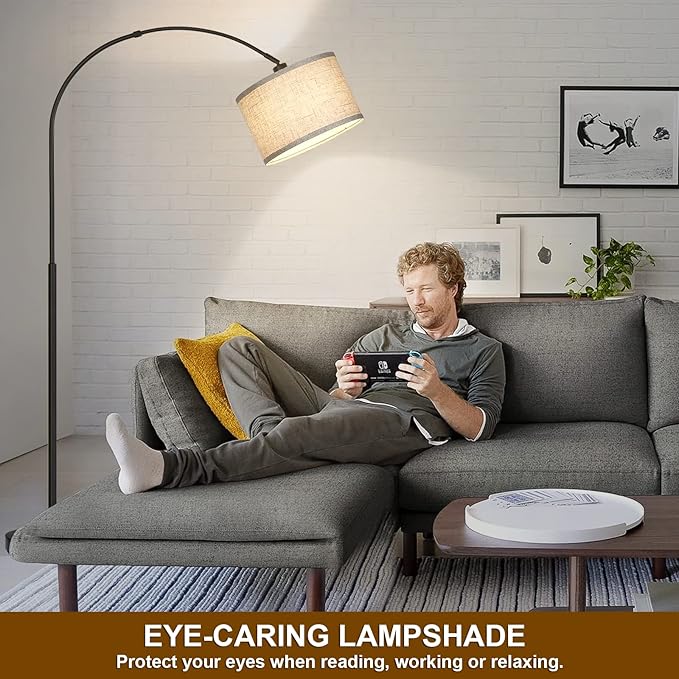 Seaside village Arc Floor Lamps for Living Room, Modern Standing Lamp with Adjustable Hanging Drum Shade, Tall Pole Lamp with Foot Switch, Over Couch Arched Reading Light for Bedroom, Office (Black)