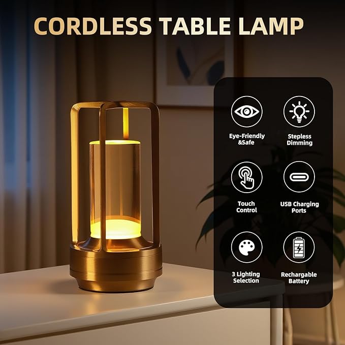 2-Pack Portable Touch Control Table Lamp with 5000mAh Battery, 3-Color Stepless Dimming Cordless LED Light for Bedroom/Camping/Restaurant/Bar Indoor & Outdoor（2-Pack Gold）
