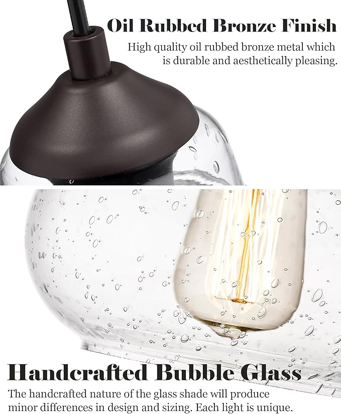 ELYONA 8 Inch Pendant Light Fixtures Seeded Bubble Glass Hanging Light Industrial Pendant Lighting for Kitchen Island Farmhouse Bar Bathroom Dining Room Oil Rubbed Bronze Finish