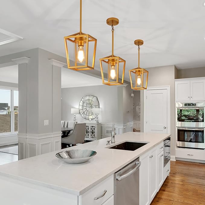 SGLfarmty 1-Light Gold Pendant Light, Farmhouse Cage Pendant Lighting Fixture for Kitchen Island, Lantern Pendant Lights Brass Finish with Glass, Modern Geometric Hanging Light for Foyer, Entryway