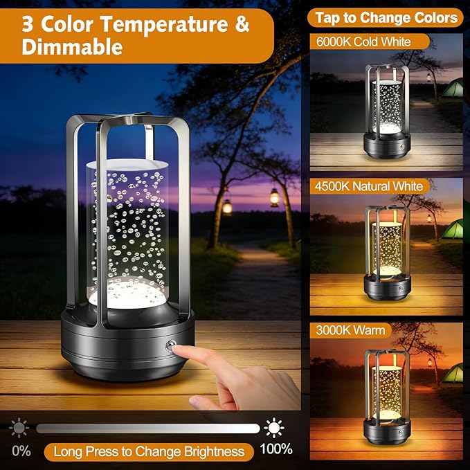 Portable Table Lamp for Outdoor Indoor: Cordless Rechargeable Desk Lamp with 3 Color Stepless Dimmable - Metal Battery Operated Lantern Light for Bedroom/Bar/Coffee Shop/Camping (Black (Bubble))