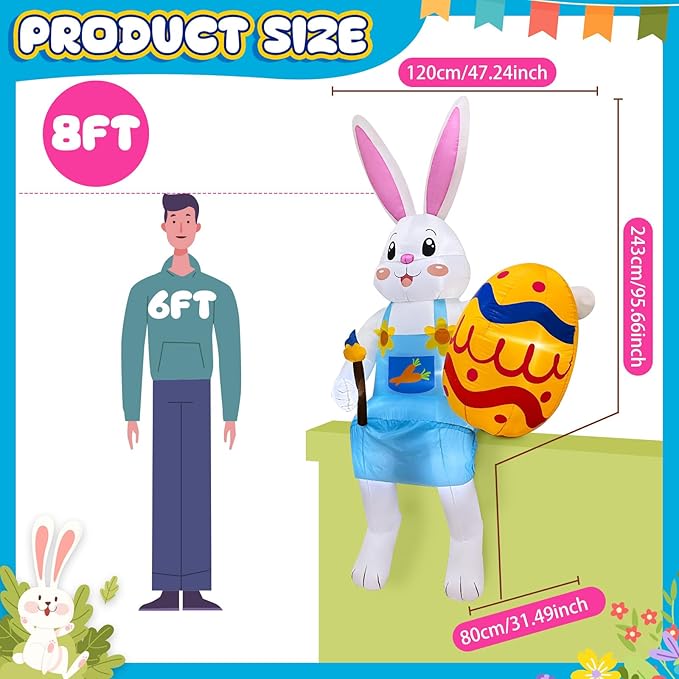 OurWarm 8FT Easter Inflatables Outdoor Decorations, Sitting Bunny with Eggs Holiday Decor, Easter Blow Ups for Outside Spring Lawn Yard Roof Party Supplies