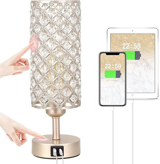 Crystal Table Lamp with USB C+A Ports, 3 Way Dimmable Touch Lamp with Crystal Shade, Champagne Gold Bedside Nightstand Small Lamp for Living Room Bedroom Home Office