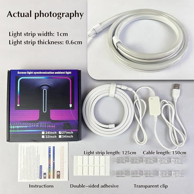 Monitor LED Backlights, LED Strip Light Sync with Screen Color/Music, Computer Light Bar Behind Screen, for PC/Mac, LEDs for Desk Gaming, USB Interface,Software Control (27 inch)