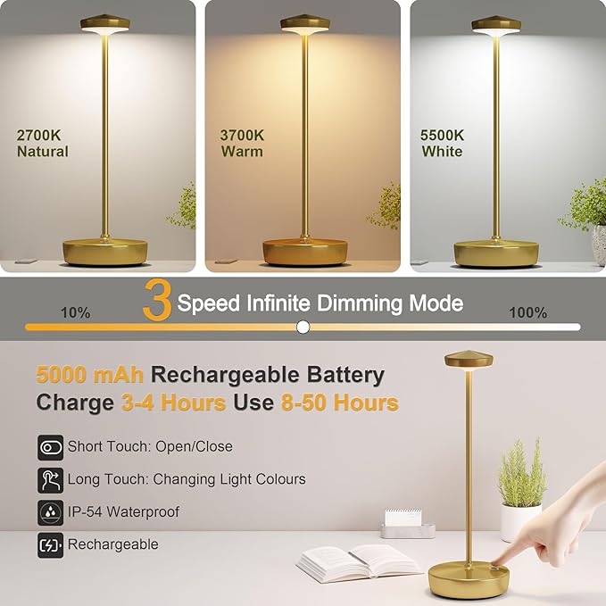 Rechargeable Cordless Table Lamps,5000mAh LED Outdoor Table Light with Memory Function,Portable IP54 Waterproof Battery Operated Light for Patio,Restaurant,Bedside(Gold)
