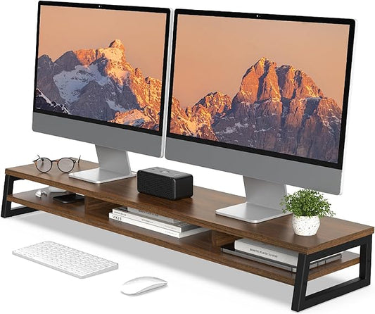Fenge Dual Monitor Stand for Desk, 42.5in Large Monitor Riser for 2 Monitors, 2 Tier Computer Office Desk Top Shelf, Desktop Storage Stand for Laptop, PC, Computer, Printer