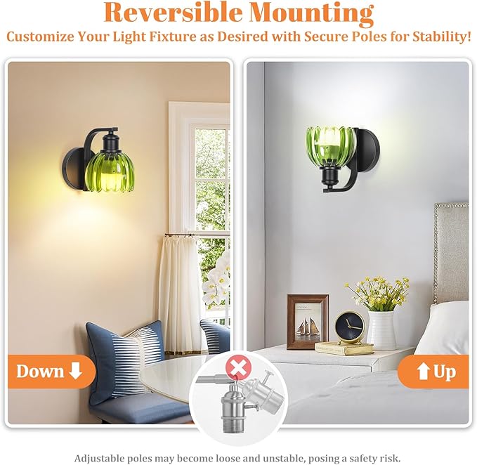 Rechargeable Battery Operated Wall Sconce with Green Glass Lampshade, Wireless Wall Scone Decor with Remote Control, 15 Colors Black Wall Light for Bedside Hallway Bedroom Doorway