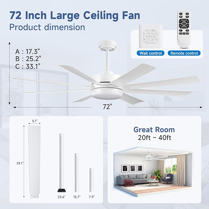 72 Inch Ceiling Fans with Lights, Ceiling Fans with Lights and Remote, Dimmable, Indoor/Outdoor White Modern Ceiling Fan for Kitchen Living Room Patio, Shop Industrial, Dual Finish 8 Blades