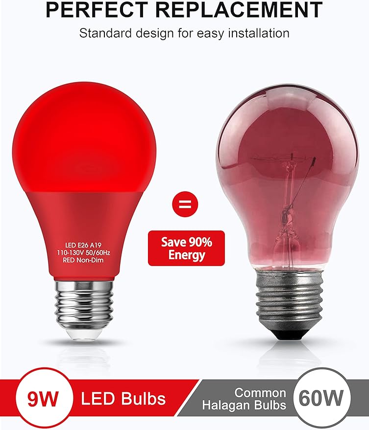 Fulighture Red Light Bulbs [ 4 Pack] Christmas Light Bulbs 9W (60W Equivalent) A19 LED Red Light Bulb Indoor/Outdoor, E26 Base Non-Dimmable,720LM Porch Light for Christmas Day Decorations
