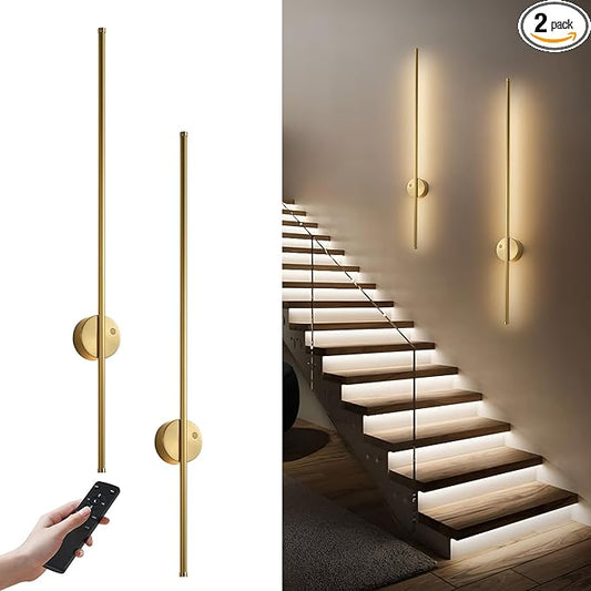 Motion Sensor Battery Operated Wall Sconce Set of Two - Modern Rechargeable Wireless Wall Lights with Remote Control, Dimmable, 3000K/4000K/6000K, Timer for Living Room, Hallway, Brass, 39.3 Inch