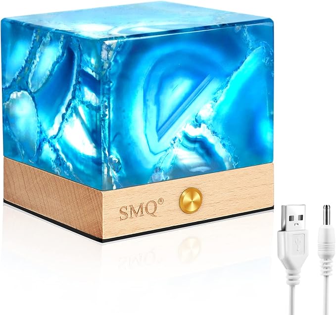 SMQ Blue Agate Crystal Night Light Handmade Polished Healing Crystal Stones Gemstone Square Touch Nightlight Lamp with USB Charging Port for Living Room,Shelf,Office Decor