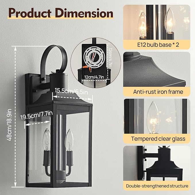 18.9" Black Outdoor Wall Sconce, 2-Light Industrial Porch Light with Clear Glass, Weather-Resistant Farmhouse Lighting Fixture for Porch, Patio,Garage Modern Wall Mount Exterior Lamp (1 Pack)