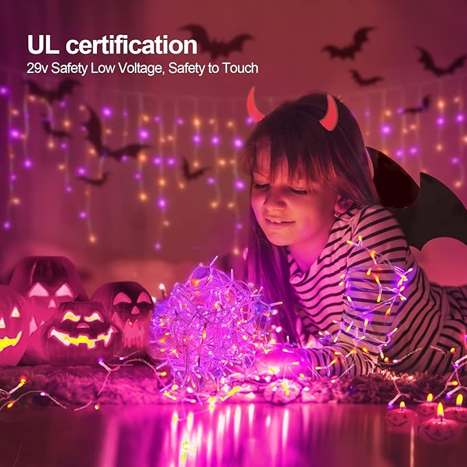 480 LED 49FT Halloween Lights Plug in 12 Modes with Timer Dimmable Halloween Decorations Outdoor Waterproof Indoor Window String Lights for Roof Porch Garden Holiday Wedding Party Decor Orange+Purple