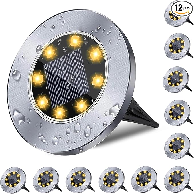 4.6 Inch Diameter Solar Ground Lights, Waterproof Solar Garden Lights, Outdoor Garden Waterproof Bright in-Ground Light, Landscape Lighting for Pathway,Yard,Lawn,Patio,Walkway (12 Pack Warm Light)