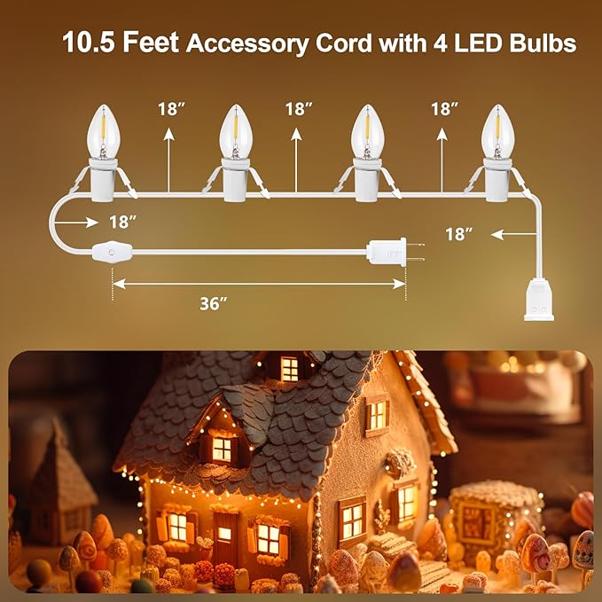 SURAIELEC Accessory Cord with 4 LED Bulbs, 10.5ft Christmas Village Lights, House Light Replacement with On/Off Switch, C7 Cord for Halloween Decorations, UL Listed, Set of 2