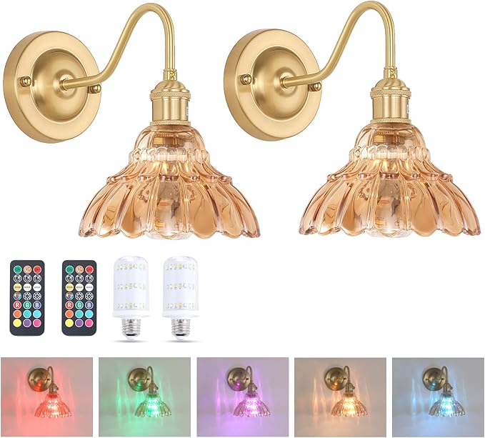 Battery Operated Wall Sconce Set of 2, Vintage Rechargeable Wall Lights with Amber Lily Glass Shade, Wireless Indoor Wall Lamp with Remote for Bedroom Living Room Bathroom