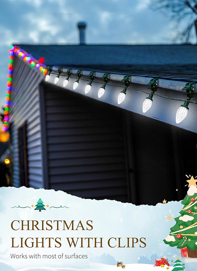 C9 LED Christmas Lights Outdoor, 99 Feet 150 LED C9 String Light with 150 Spring Clips, Waterproof Connectable Christmas Tree Lights for Outside Roofline Patio Home Xmas Decor, Pure White