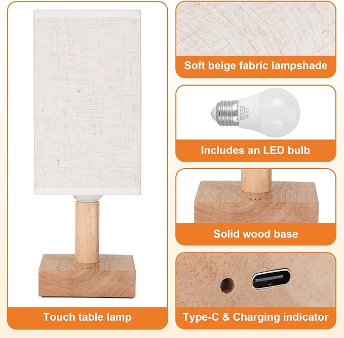 Small Cordless Touch Square Table Lamps Set of 2 with Stepless Dimming,Natural Wood Base&Linen Fabric Shade, Cordless Battery-Powered Ambient Night Lights for Bedroom, Bedside, Nightstand,Room,Nursery